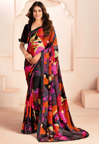 Digital Printed Georgette Saree in Multicolor