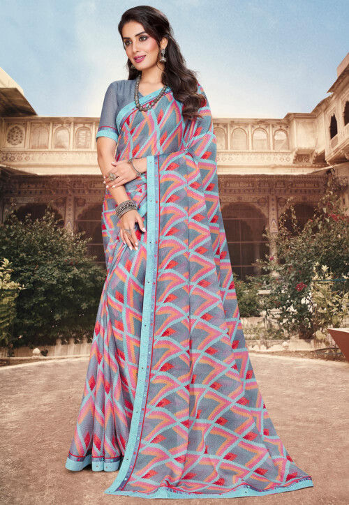 Classy Multicolor Georgette Saree With Unstitched Blouse | Saree designs, Georgette  sarees, Fancy sarees