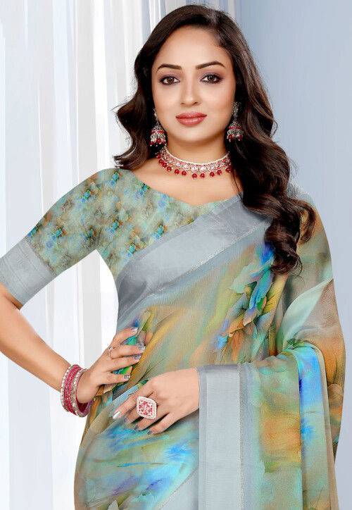 Digital Printed Georgette Saree in Multicolor