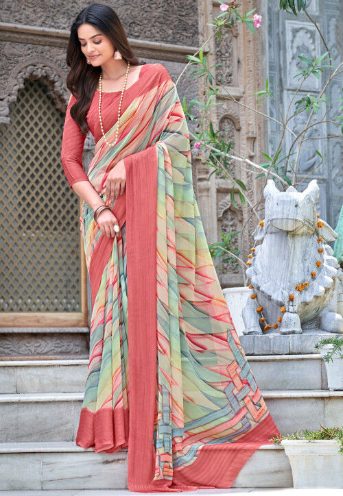 Printed Georgette Saree In Sea Green And Multicolor – BEST SAREE