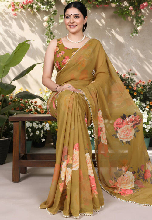 Digital Printed Georgette Saree in Olive Green