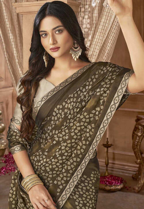 Women's Georgette Olive Printed Designer Saree With Blouse Piece