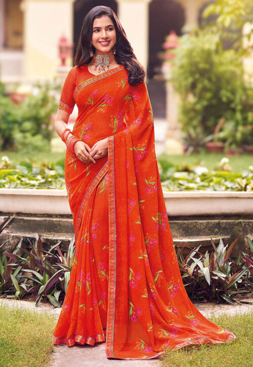 Digital Printed Georgette Saree in Orange