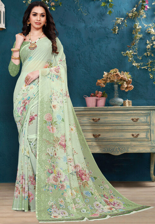Vishal Prints Pastel Green Checks Patterned Fancy Chiffon Saree With D