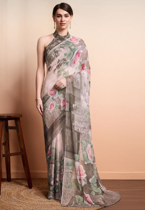 Digital Printed Georgette Saree in Peach