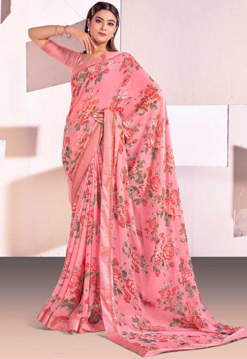 Rani Pink Printed Georgette Saree – Leemboodi