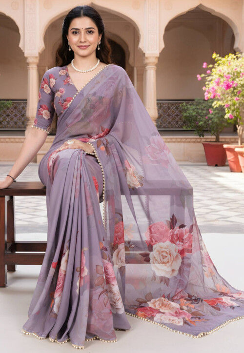 Digital Printed Georgette Saree in Purple