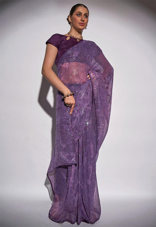 Digital Printed Georgette Saree in Purple