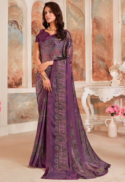 Digital Printed Georgette Saree in Purple