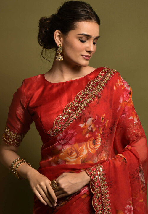 Digital Printed Georgette Saree in Red