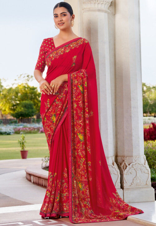 Digital Printed Georgette Saree in Red