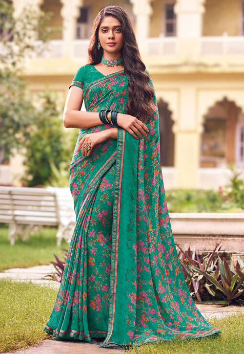 Digital Printed Georgette Saree in Teal Green