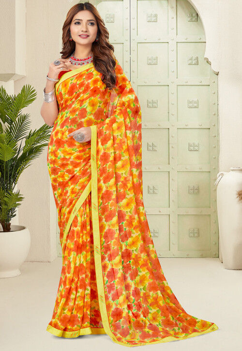 Digital Printed Georgette Saree in Yellow and Red