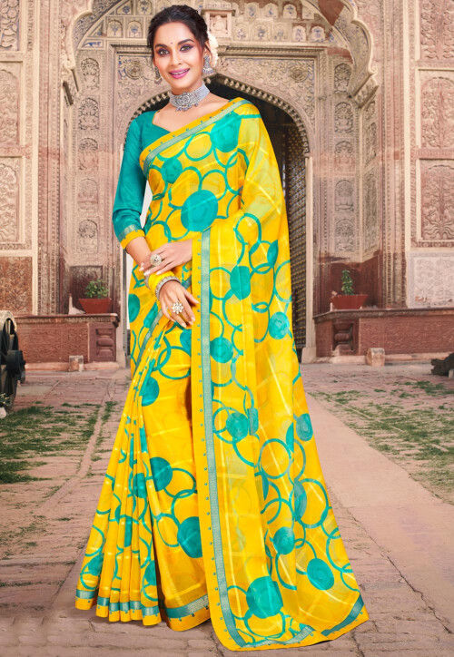 Shop Sandlore Yellow Silk Block print Saree for Women Online 39598077