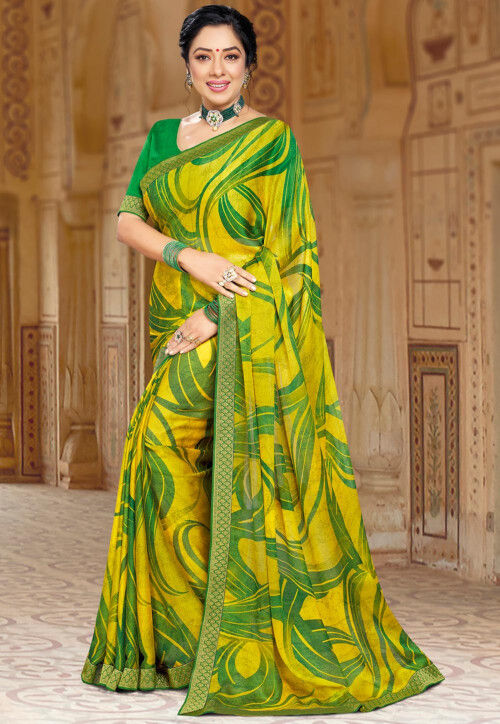 Yellow Pure Georgette & Viscos Bandhani Saree With Border Latkan Pallu –  paanericlothing