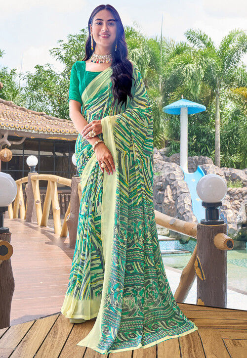 Digital Printed Georgette Saree in Yellow