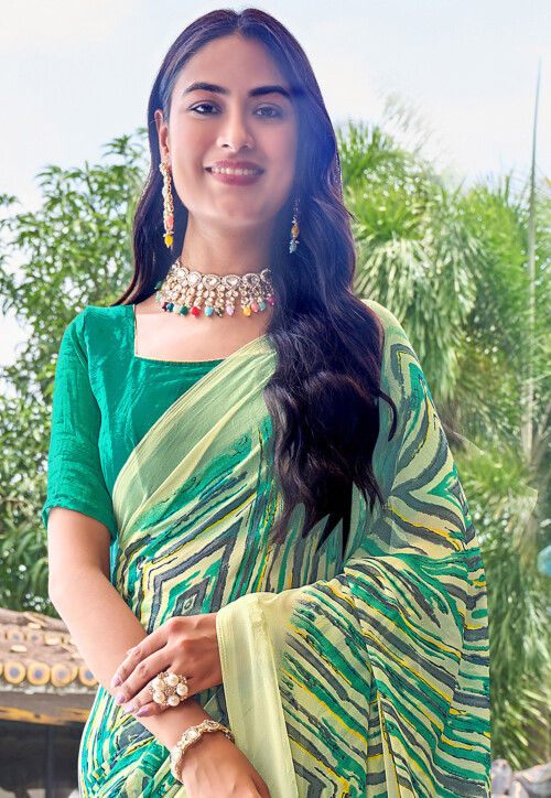 Digital Printed Georgette Saree in Yellow