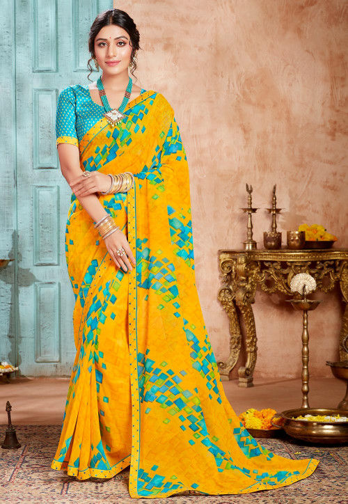 Patch Border Bhagalpuri Silk Printed Saree In Yellow. Purchase now Sarees  online at low prices in India. – Lady India