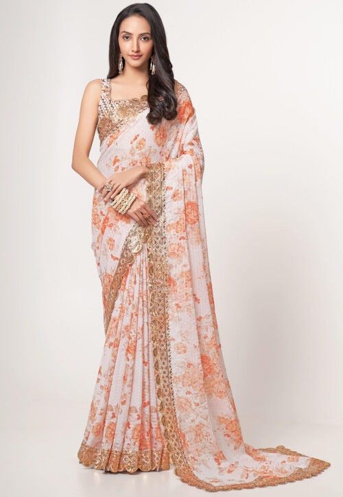 Digital Printed Georgette Scalloped Saree in Off White