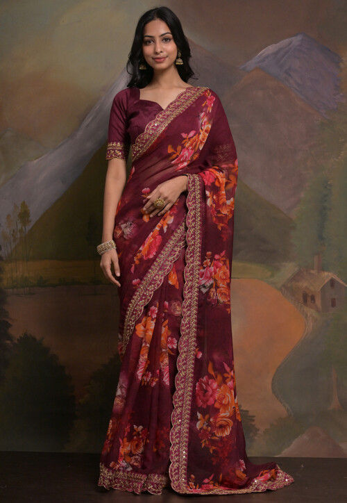 Digital Printed Georgette Scalloped Saree in Wine