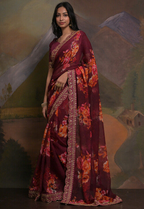 Digital Printed Georgette Scalloped Saree in Wine