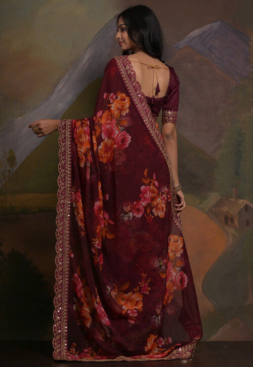 Digital Printed Georgette Scalloped Saree in Wine