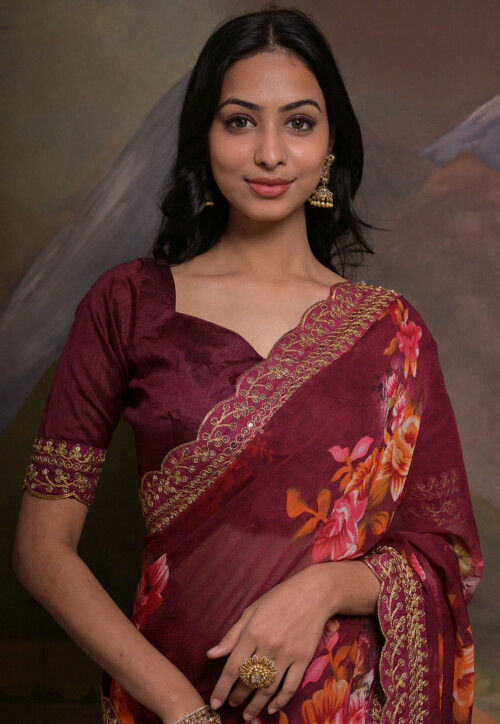 Digital Printed Georgette Scalloped Saree in Wine