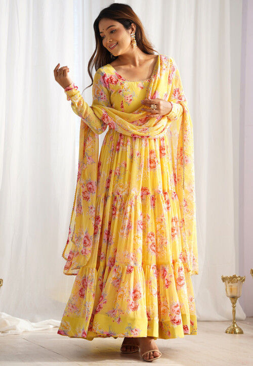 Digital Printed Georgette Tiered Abaya Style Suit in Yellow