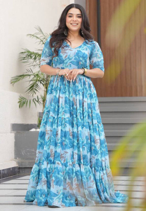 Digital Printed Georgette Tiered Gown in Blue