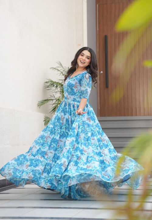 Digital Printed Georgette Tiered Gown in Blue