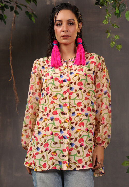 Digital Printed Georgette Top in Beige