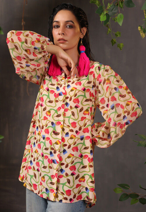 Digital Printed Georgette Top in Beige