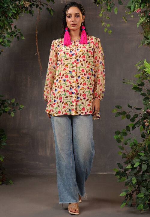 Digital Printed Georgette Top in Beige