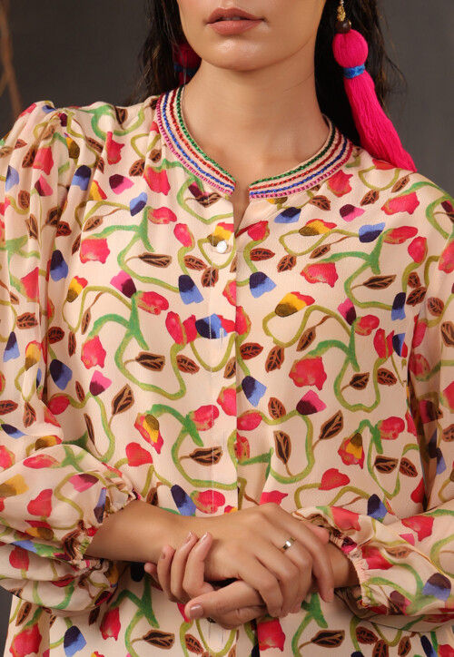 Digital Printed Georgette Top in Beige