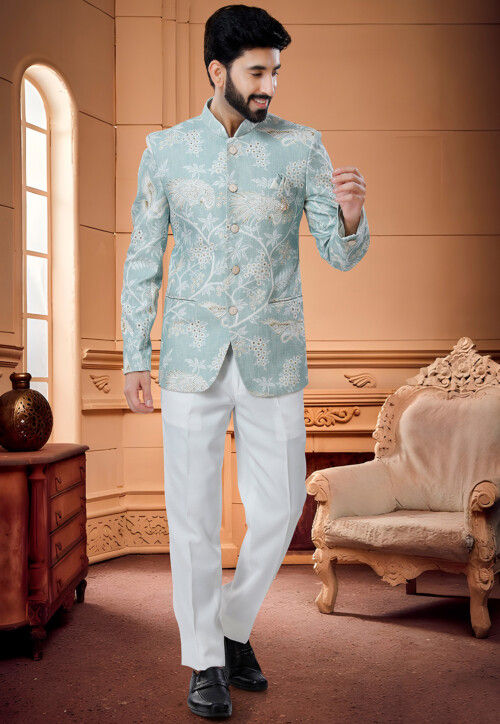 Haiti Navy Blue Checks-Plaid Premium Terry-Rayon Bandhgala/Jodhpuri Suits  for Men.