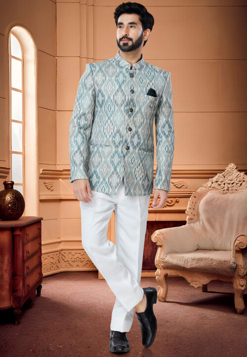 Digital Printed Cotton Jodhpuri Suit in Light Blue