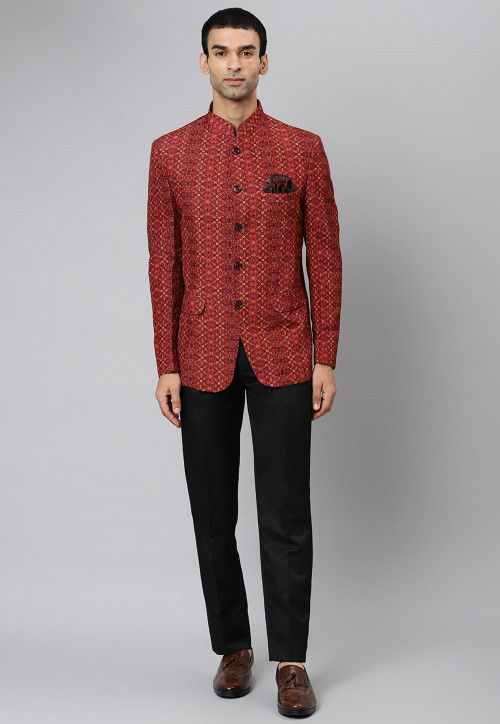 digital printed jute cotton jodhpuri suit in maroon v1 mst1334
