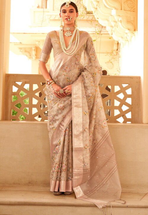Digital Printed Kota Doria Saree in Cream