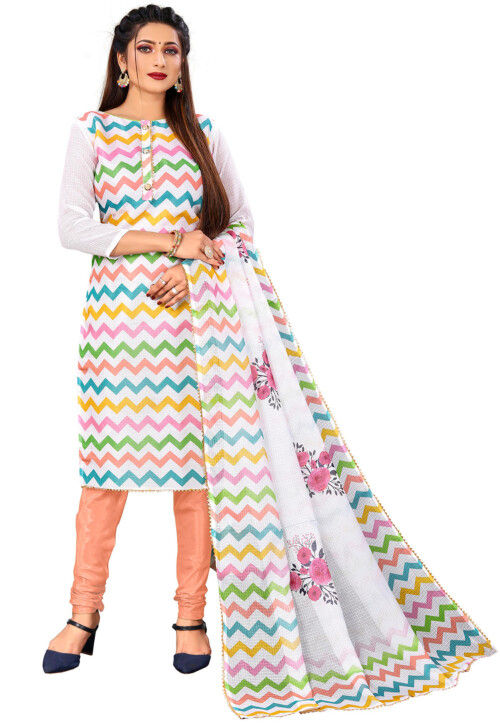 Digital Printed Kota Silk Striaght Cut Suit in Off White