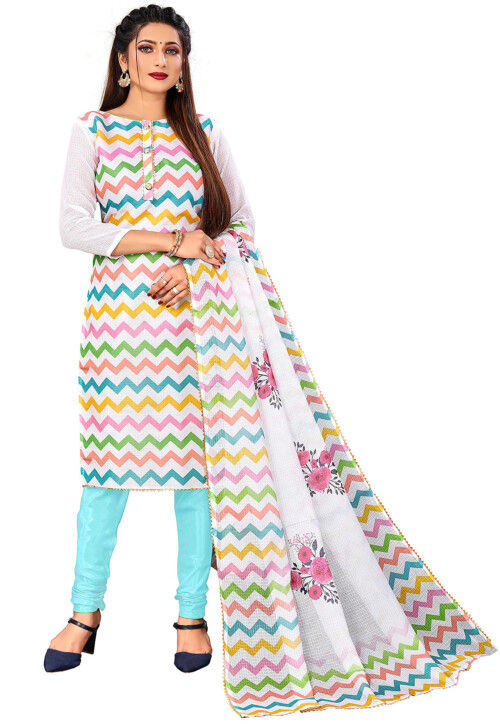 Digital Printed Kota Silk Striaght Cut Suit in Off White