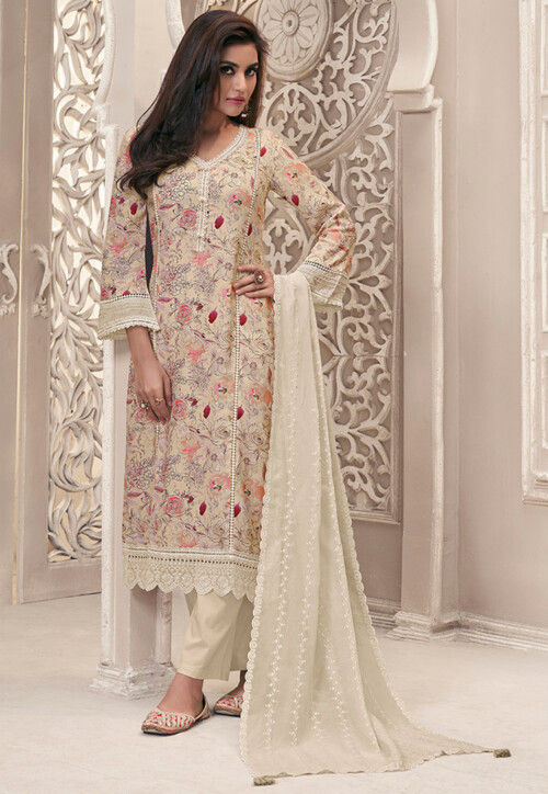 Buy Digital Printed Linen Cotton Pakistani Suit in Off White