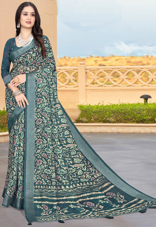Olive green spiral batik printed linen cotton saree, contrast piping border, floral printed pallu, and a contrast floral printed blouse main image 0
