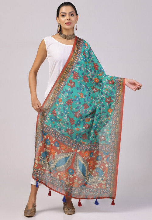 Digital Printed Linen Dupatta in Light Blue