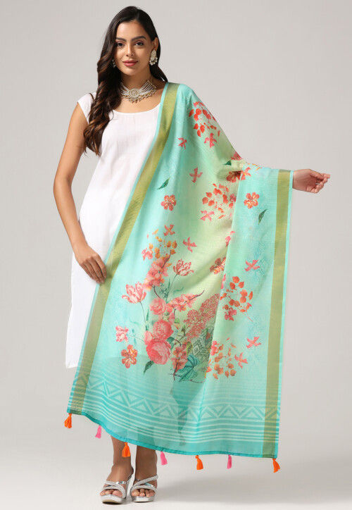 Digital Printed Linen Dupatta in Light Blue