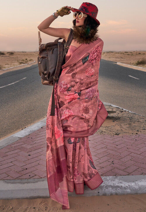 Digital Printed Linen Jacquard Saree in Old Rose