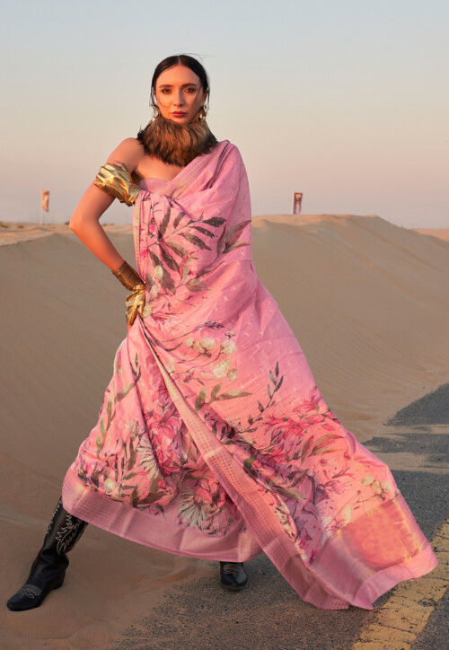 Digital Printed Linen Jacquard Saree in Pink