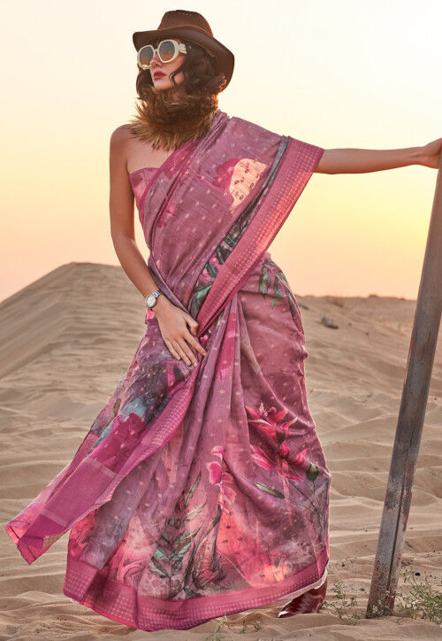 Digital Printed Linen Jacquard Saree in Purple