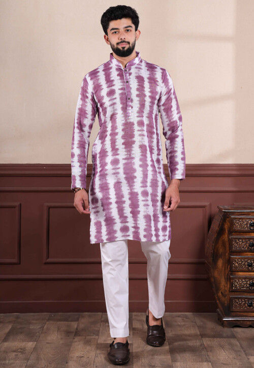 Digital Printed Linen Kurta Set in Purple and White