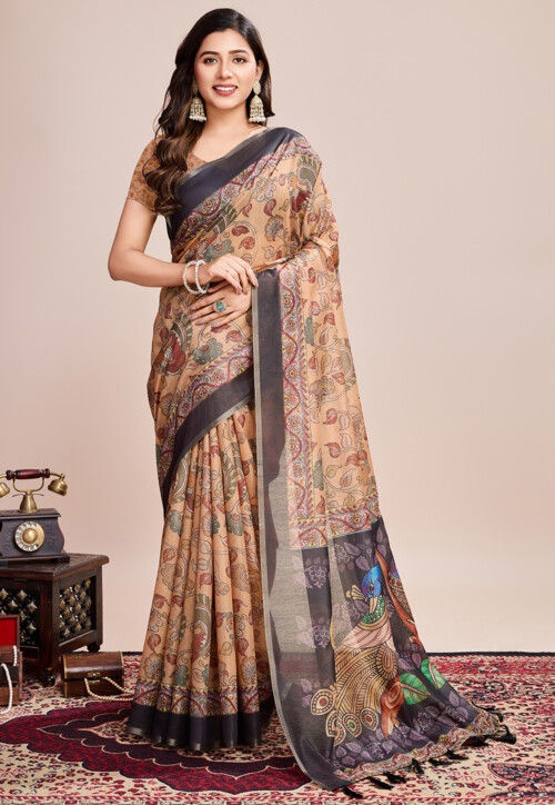 Digital Printed Linen Saree in Beige