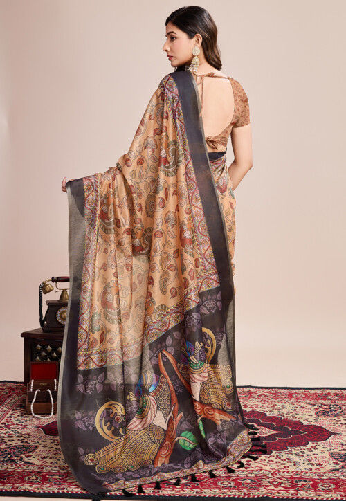 Digital Printed Linen Saree in Beige